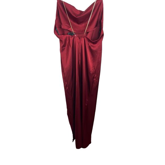 NBD Alessi Gown Satin Ruched Cowl Neck Chain Straps Side Slit Burgundy Size XS - Picture 7 of 13